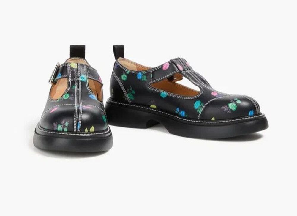 GANNI Flower Everyday Mary Jane Shoes Black Floral Flats EU 40 US 10 NWOB